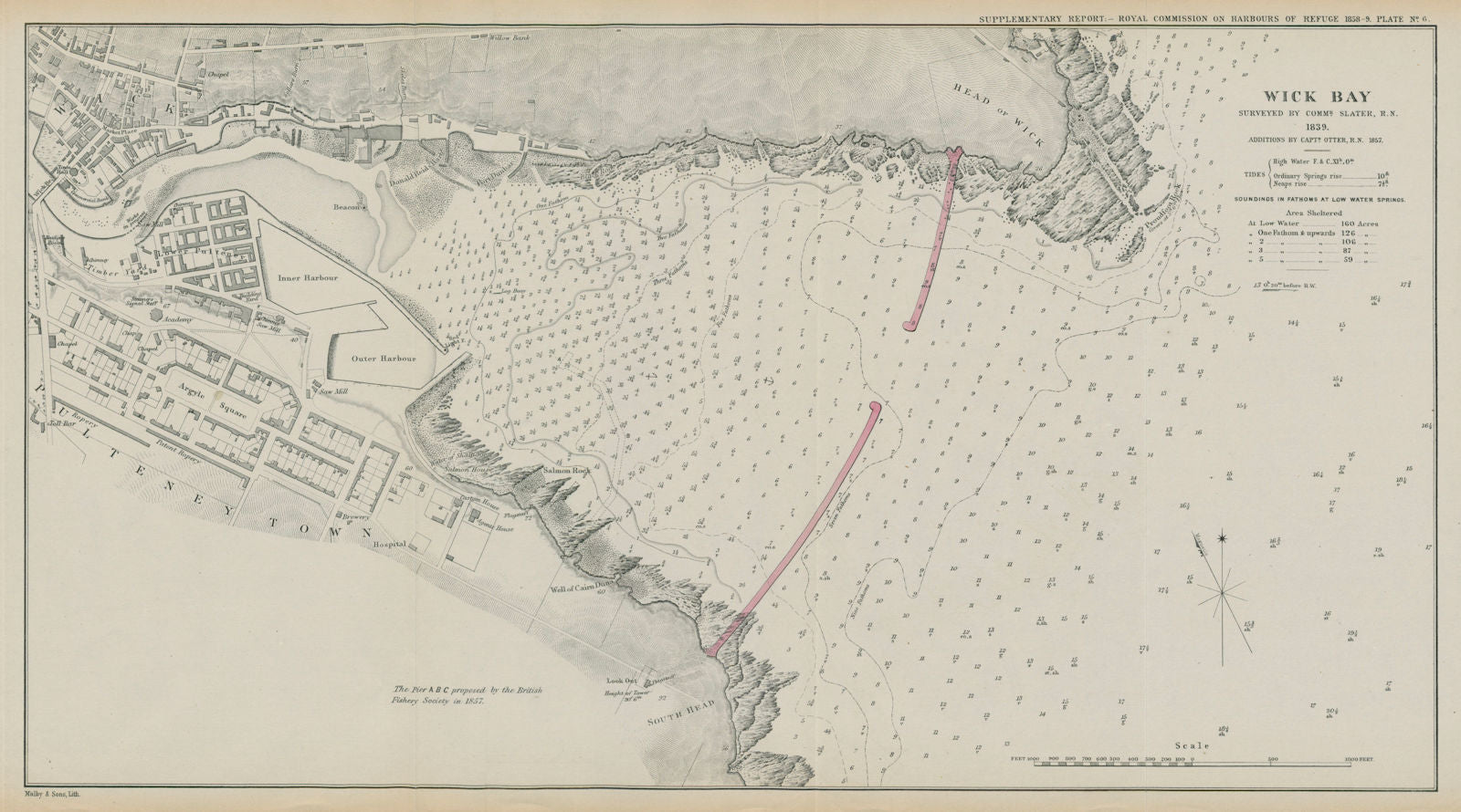 Wick Bay surveyed by Slater/Otter. Proposed breakwaters. Scotland 1859 old map